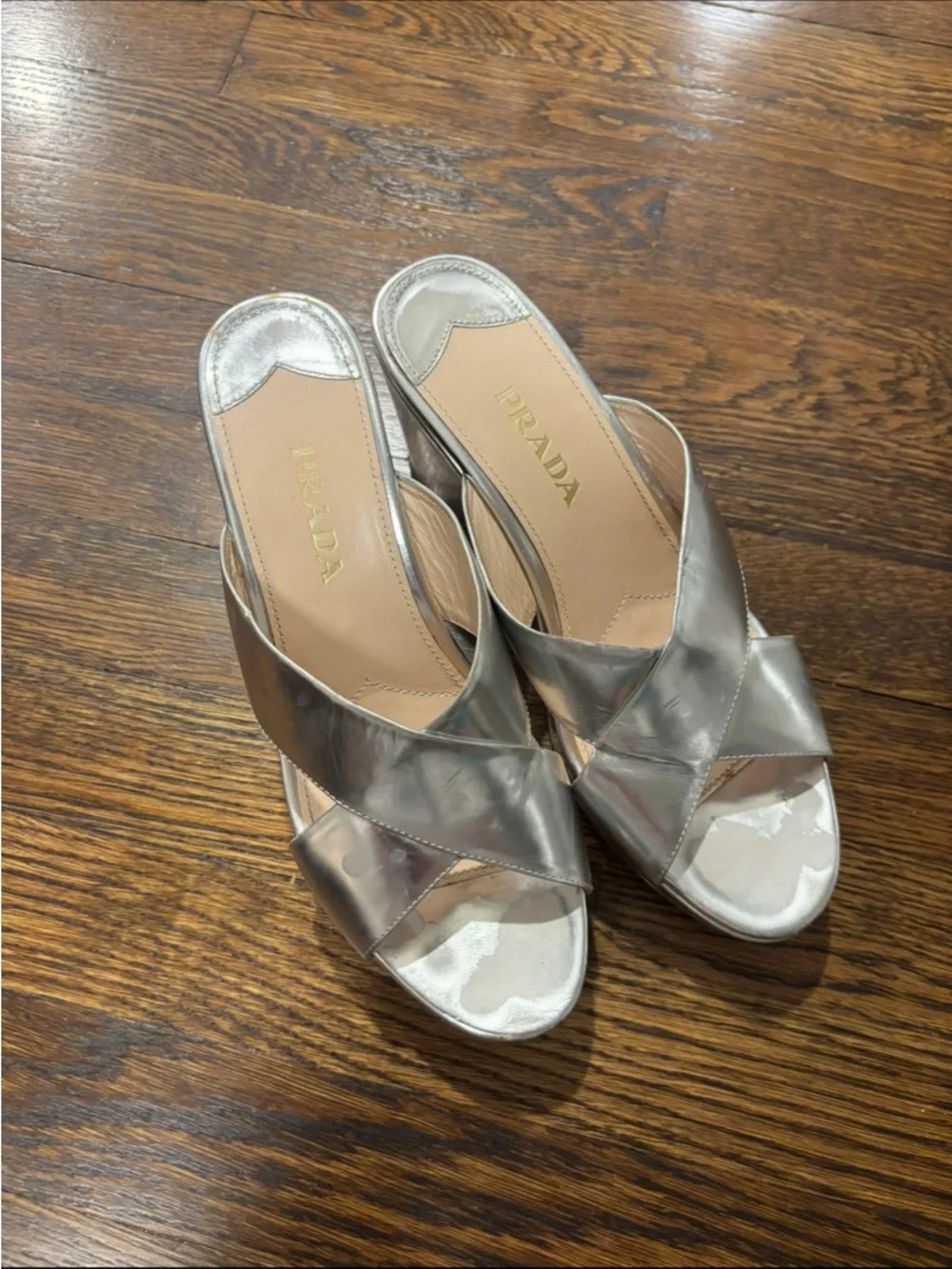 Prada Silver Metallic Leather Platform Wedge Slide Sandals Size 39/ US 8.5 Italy
